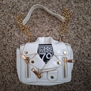 White Faux Leather Moto Jacket Crossbody Bag by MDD Fashion 79